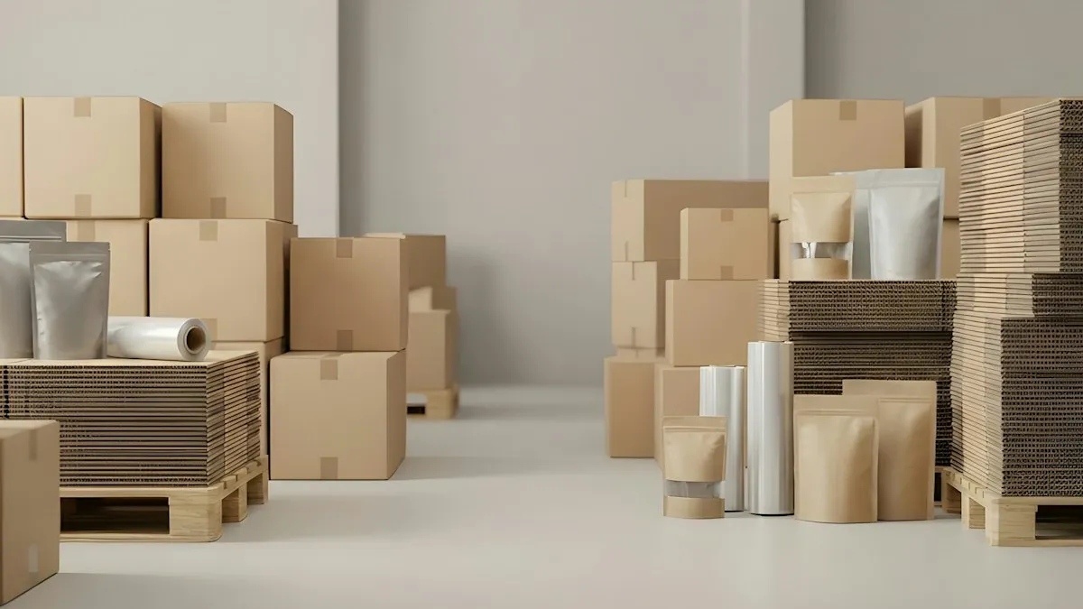 Cardboard boxes and packaging supplies in a warehouse