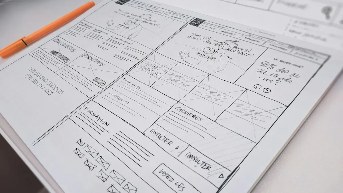 Hand-drawn website wireframe sketches on paper