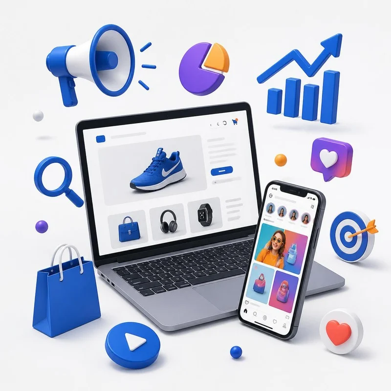 Laptop showing an online store, a phone with a social media feed, and digital marketing icons